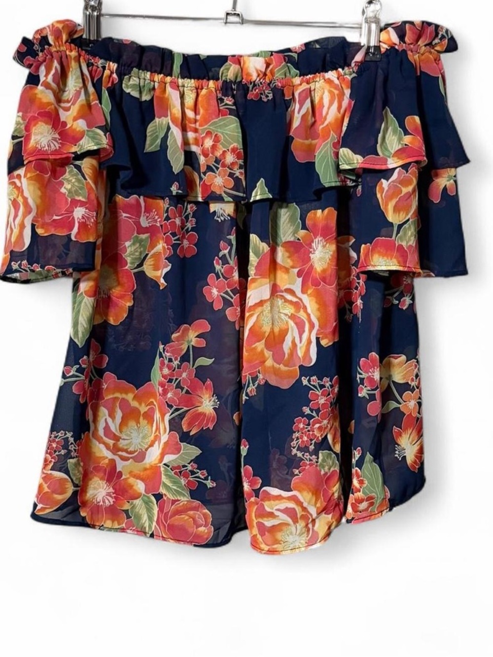 eva mendes for New York & Company Navy Off-Shoulder Floral Blouse
